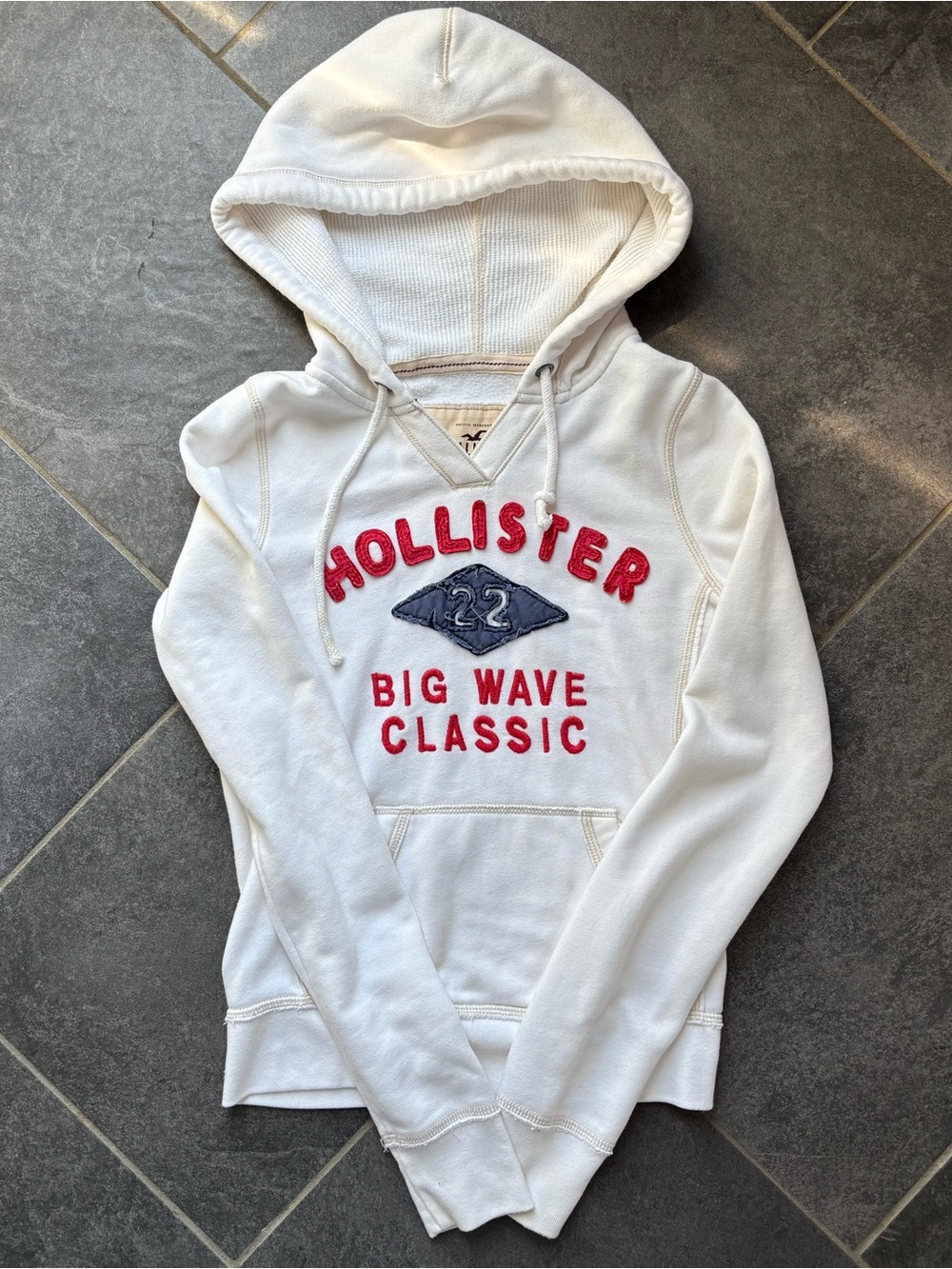 Hollister White Hoodie with Red Lettering and Navy Patch